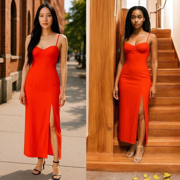 J CREW Crepe Bustier Midi Dress Bustier Cocktail Evening Orange Spaghetti Strap - Picture 13 of 14